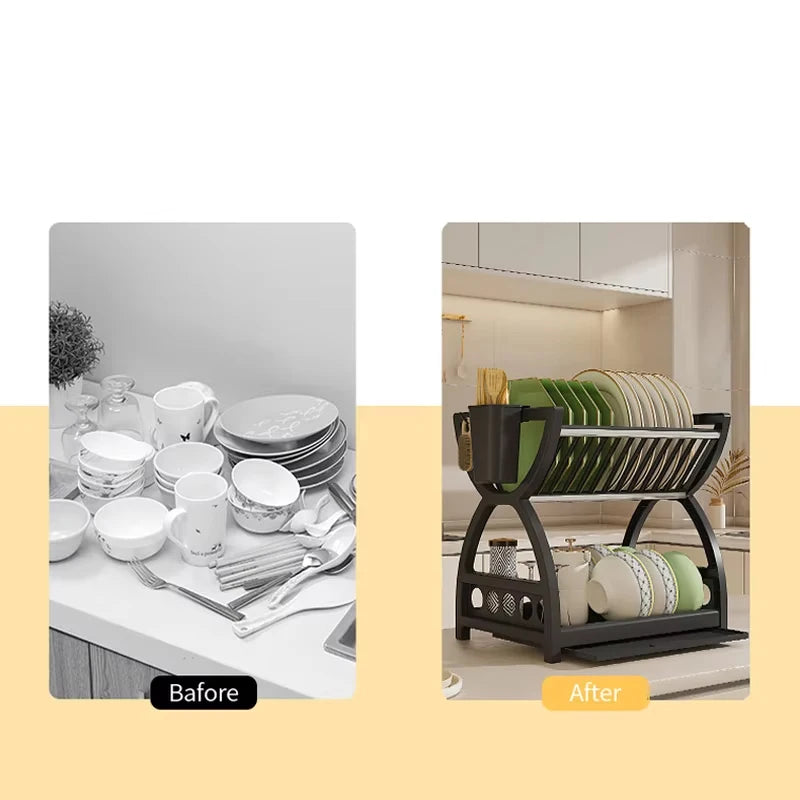 Kitchen Utensil Storage Rack | Double‑Layer Countertop Dish & Drain Rack
