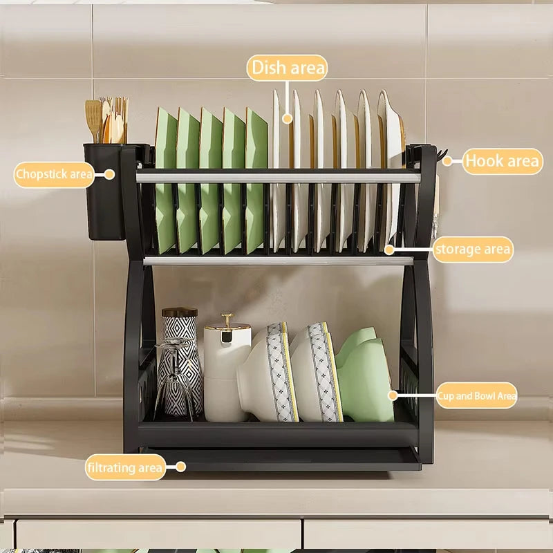Kitchen Utensil Storage Rack | Double‑Layer Countertop Dish & Drain Rack